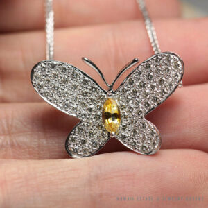 Yellow Sapphire & Diamond Butterfly 14k White Gold Brooch Necklace