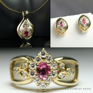 Natural Pink Ruby & .23CTW Diamond 14k Yellow Gold Necklace Earrings & Ring Set