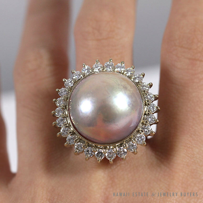 "Bronze" Mabe Pearl & Diamond Halo 14k White Gold Ring Size 7.25 - Image 2