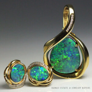 Blue Opal & Diamond 18k Yellow Gold Designer Earrings & Pendant Set w/ Appraisal