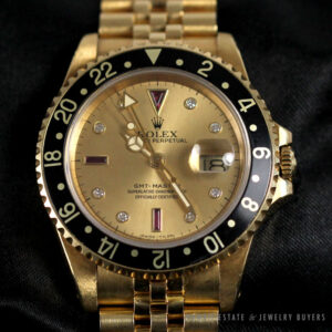 Rolex GMT-Master 18K Yellow Gold Serti Diamond Ruby 16758 Watch w/ Box & Paper