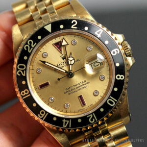 Rolex GMT-Master 18K Yellow Gold Serti Diamond Ruby 16758 Watch w/ Box & Paper