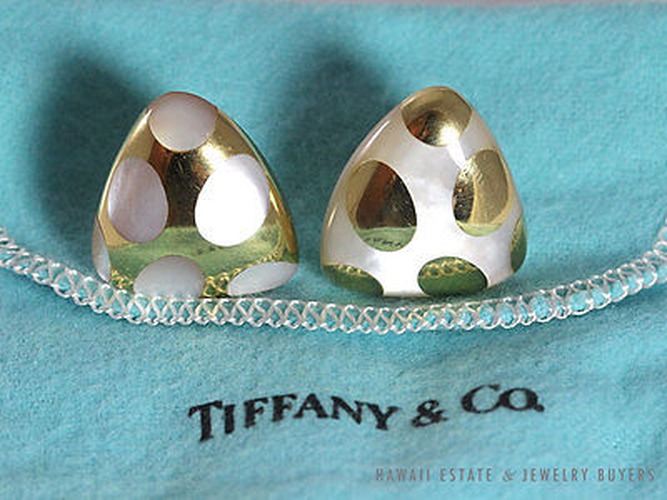 Tiffany & Co. Rare Vintage Angela Cummings Positive Negative Mother of Pearl 18K Gold Clip Earrings - Image 2