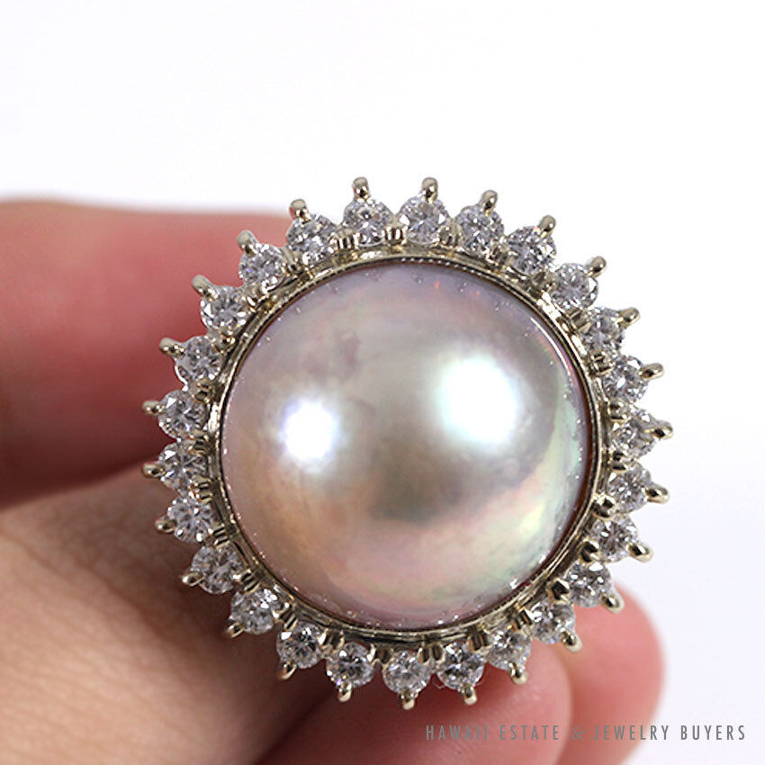 "Bronze" Mabe Pearl & Diamond Halo 14k White Gold Ring Size 7.25 - Image 5