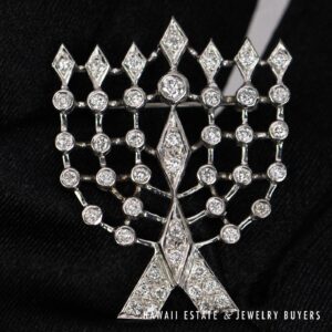 1.25ctw Diamond 14K White Gold Menorah Brooch, 39x31mm