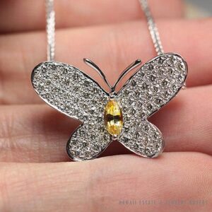 Yellow Sapphire & Diamond Butterfly 14k White Gold Brooch Necklace