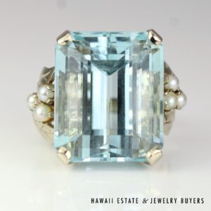 36ct Aquamarine & 2.5mm Cultured Pearl 14K White Gold Ring Size 7