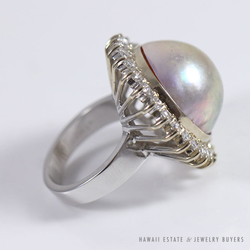"Bronze" Mabe Pearl & Diamond Halo 14k White Gold Ring Size 7.25 - Image 3