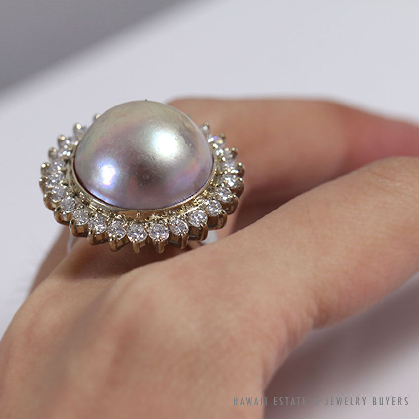 "Bronze" Mabe Pearl & Diamond Halo 14k White Gold Ring Size 7.25 - Image 6