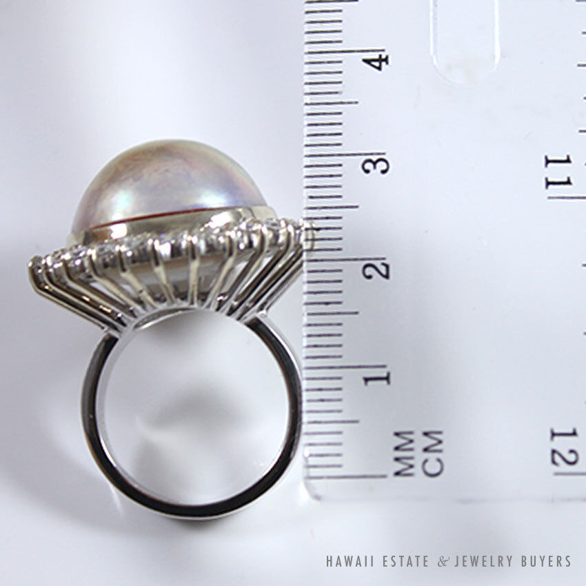 "Bronze" Mabe Pearl & Diamond Halo 14k White Gold Ring Size 7.25 - Image 9