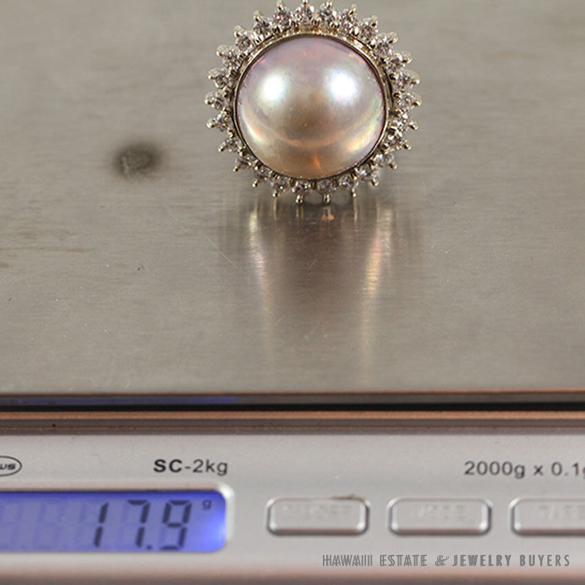 "Bronze" Mabe Pearl & Diamond Halo 14k White Gold Ring Size 7.25 - Image 11