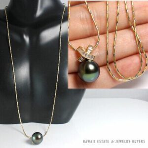 Vintage 11.6mm Tahitian Black Pearl Diamond 18K Yellow Gold Pendant & 14K Necklace Chain 18"