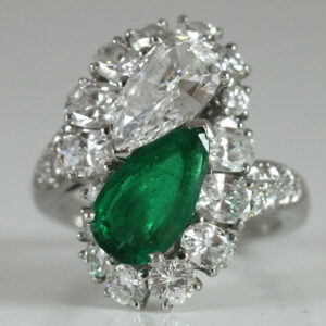 1.30ct Pear Shaped Diamond & Emerald Twin Antique Platinum Ring