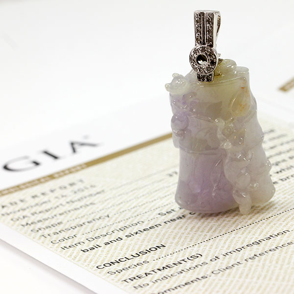 GIA CERTIFIED NATURAL GRADE A LAVENDER JADEITE JADE PENDANT W/ DIAMONDS - Image 3