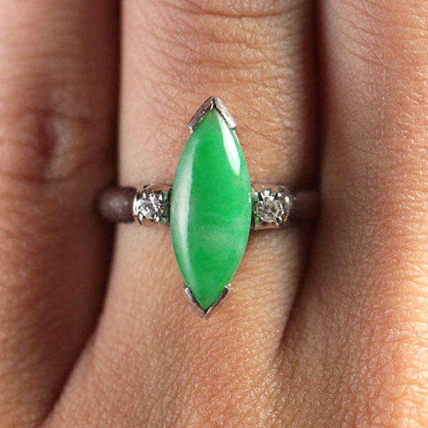GIA CERTIFIED MARQUISE NATURAL JADE APPLE GREEN COLOR JADE RING GIA JADE SZ 5.25 - Image 3