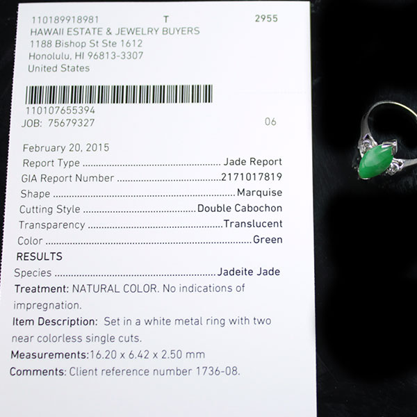 GIA CERTIFIED MARQUISE NATURAL JADE APPLE GREEN COLOR JADE RING GIA JADE SZ 5.25 - Image 4