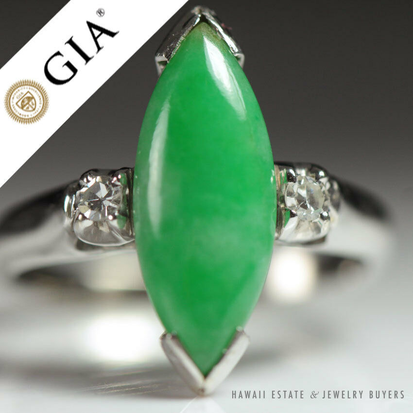 GIA CERTIFIED MARQUISE NATURAL JADE APPLE GREEN COLOR JADE RING GIA JADE SZ 5.25
