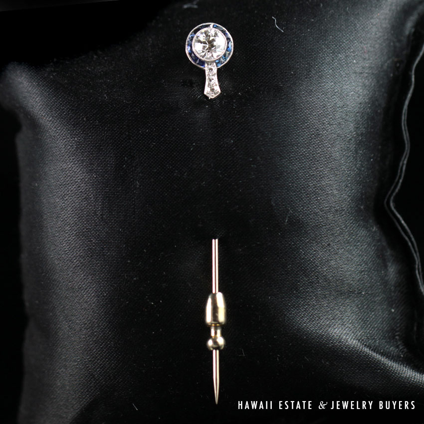 Art Deco Old European Cut Diamond Sapphire Stick Pin - Image 3