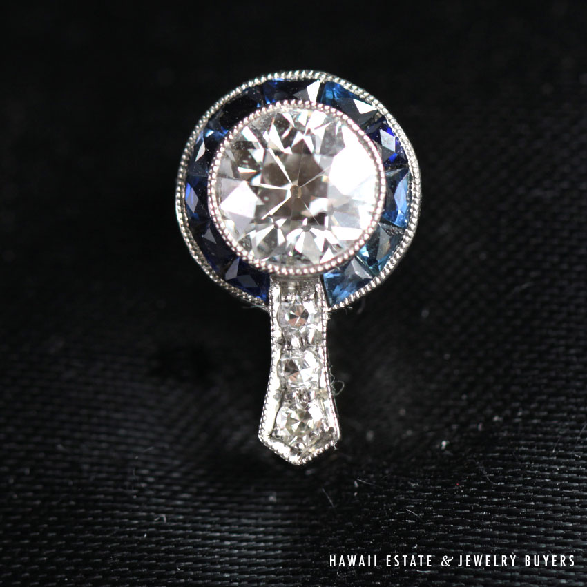 Art Deco Old European Cut Diamond Sapphire Stick Pin
