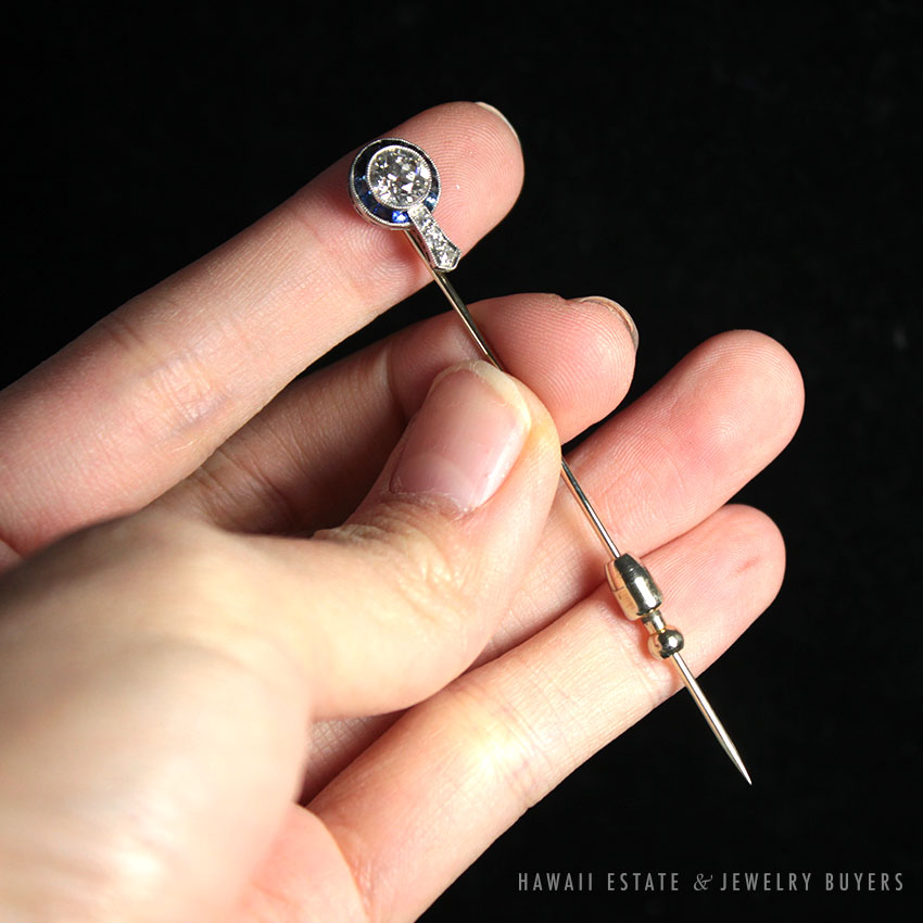 Art Deco Old European Cut Diamond Sapphire Stick Pin - Image 2