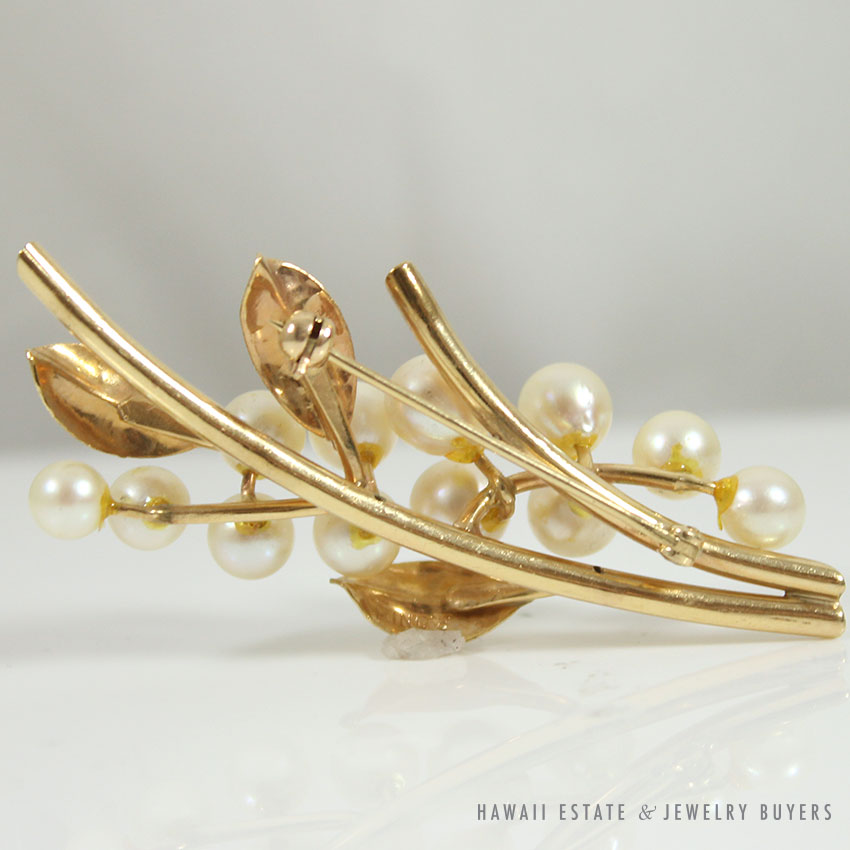 Ming's Hawaii Pearl Floral 14K Yellow Gold Brooch Pin - Image 2