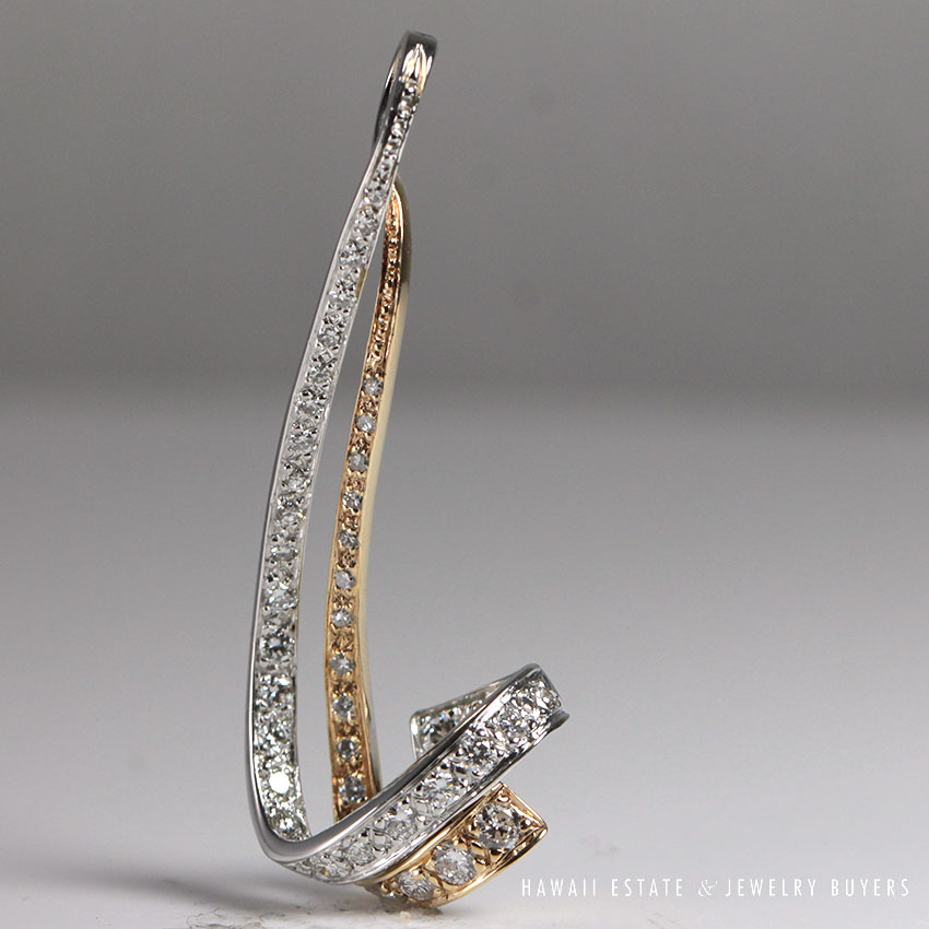 Diamond Pave Two-Tone 14K White Yellow Gold Ribbon Pendant