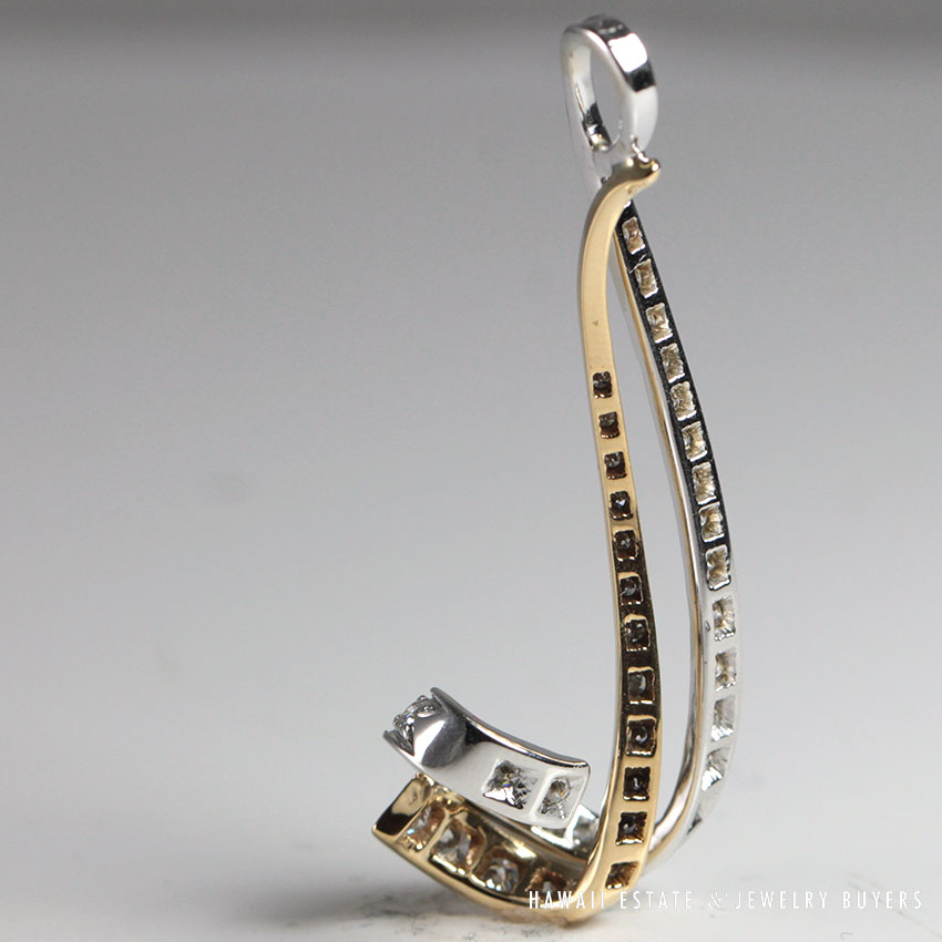 Diamond Pave Two-Tone 14K White Yellow Gold Ribbon Pendant - Image 3