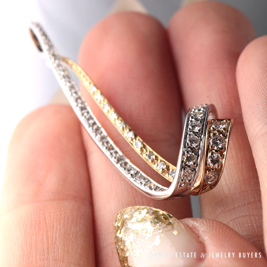 Diamond Pave Two-Tone 14K White Yellow Gold Ribbon Pendant - Image 7