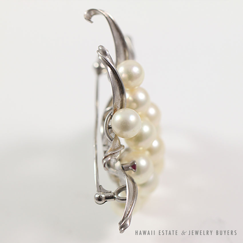 Cultured Pearl & Ruby Cluster Flower 14K White Gold Brooch - Image 2