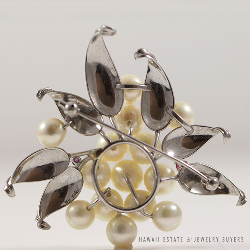 Cultured Pearl & Ruby Cluster Flower 14K White Gold Brooch - Image 3