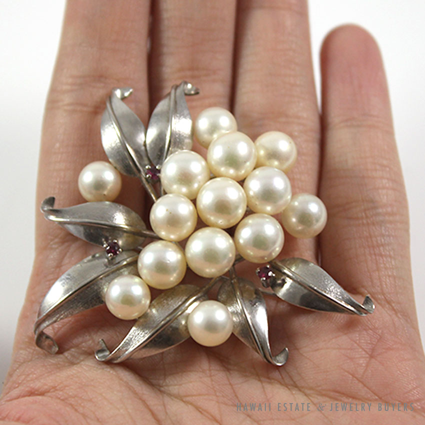 Cultured Pearl & Ruby Cluster Flower 14K White Gold Brooch - Image 4