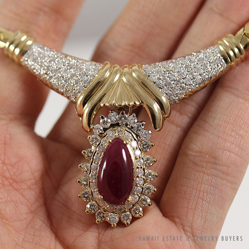 5.12ct Ruby Teardrop Cabochon & Diamond 18K Yellow Gold Necklace - Image 2