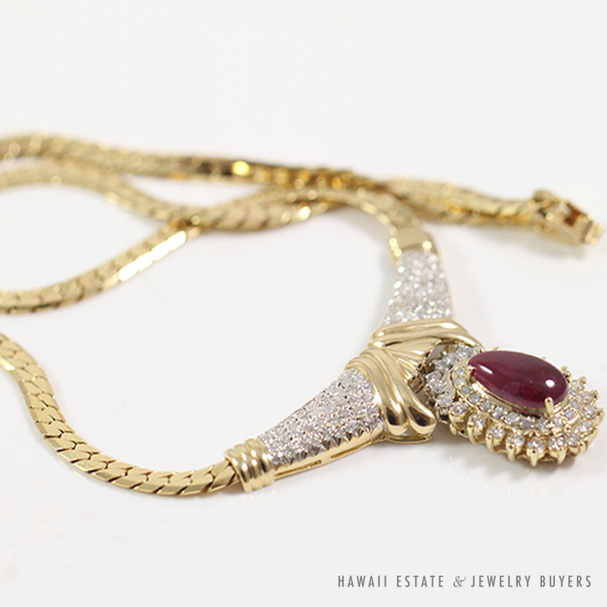 5.12ct Ruby Teardrop Cabochon & Diamond 18K Yellow Gold Necklace - Image 3