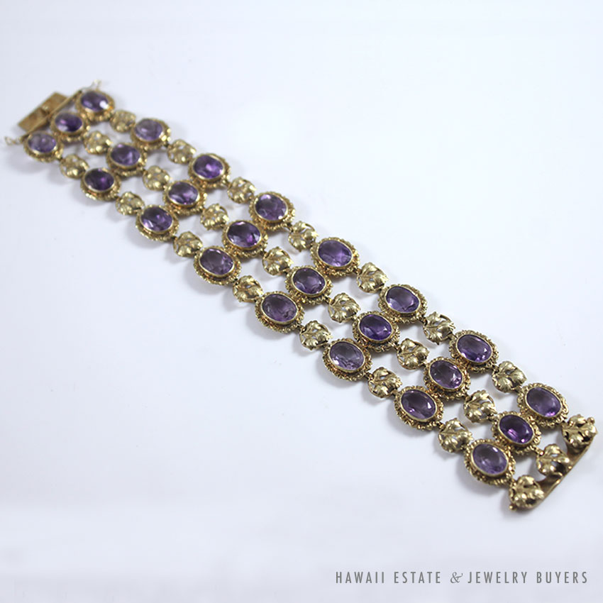Vintage 1940s Bezel-Set Oval Amethyst 14K Yellow Gold Wide Flexible Bracelet - Image 3