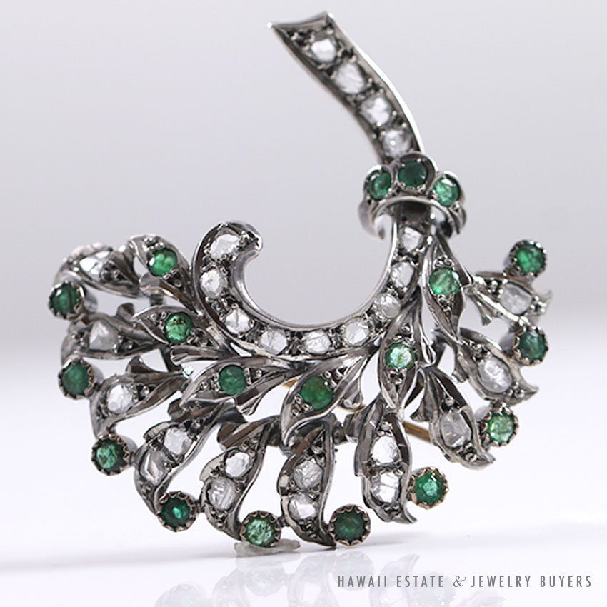 Antique Georgian Emerald & Early Rose Cut Diamond 18K White Gold Bouquet Brooch