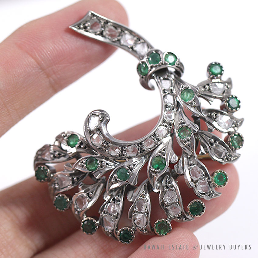 Antique Georgian Emerald & Early Rose Cut Diamond 18K White Gold Bouquet Brooch - Image 2