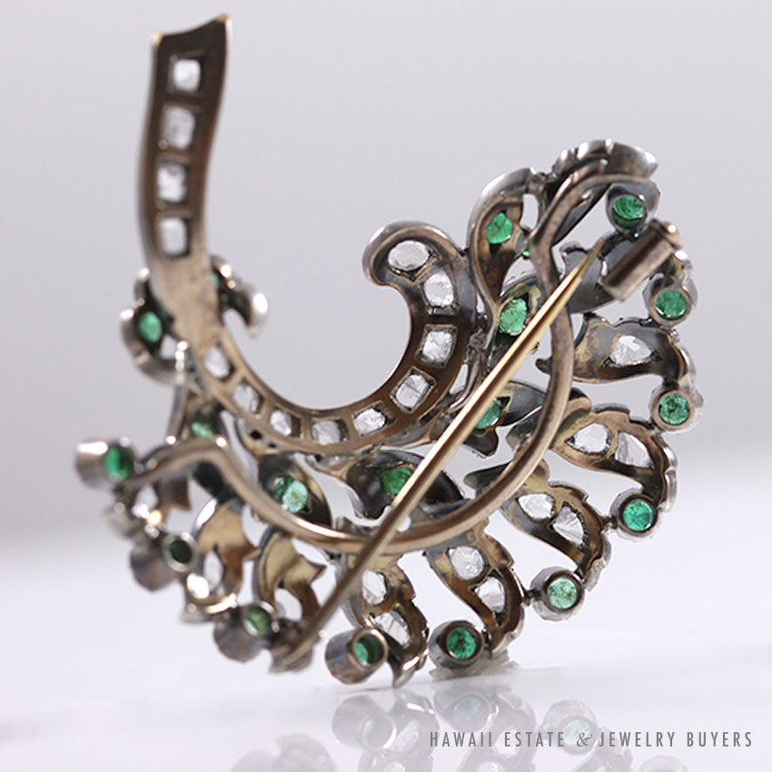 Antique Georgian Emerald & Early Rose Cut Diamond 18K White Gold Bouquet Brooch - Image 3