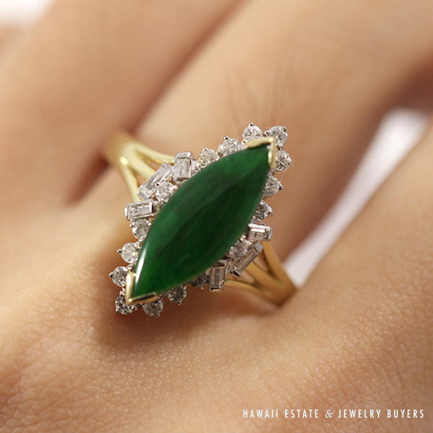 Natural Dark Green Jade "A" Grade & Diamond 14K Yellow Gold Ring - Image 2