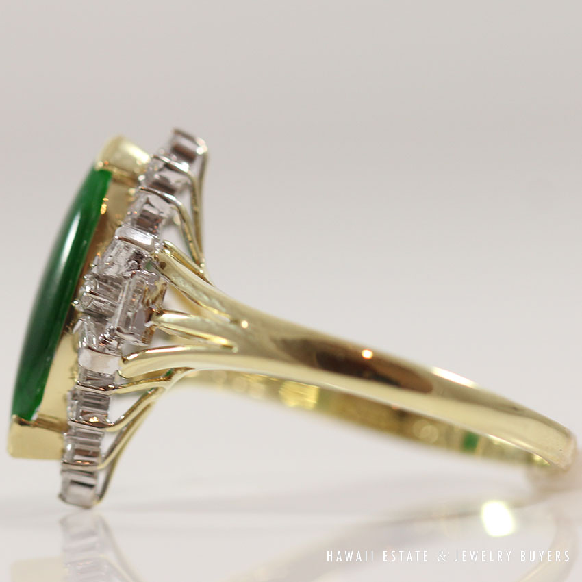 Natural Dark Green Jade "A" Grade & Diamond 14K Yellow Gold Ring - Image 3