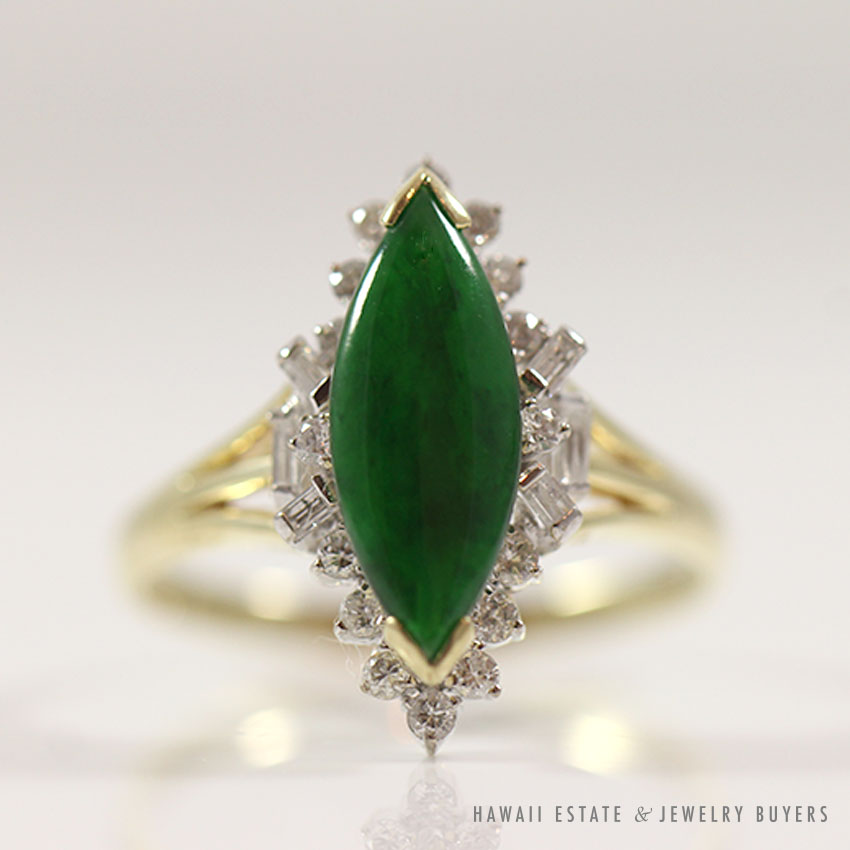 Natural Dark Green Jade "A" Grade & Diamond 14K Yellow Gold Ring