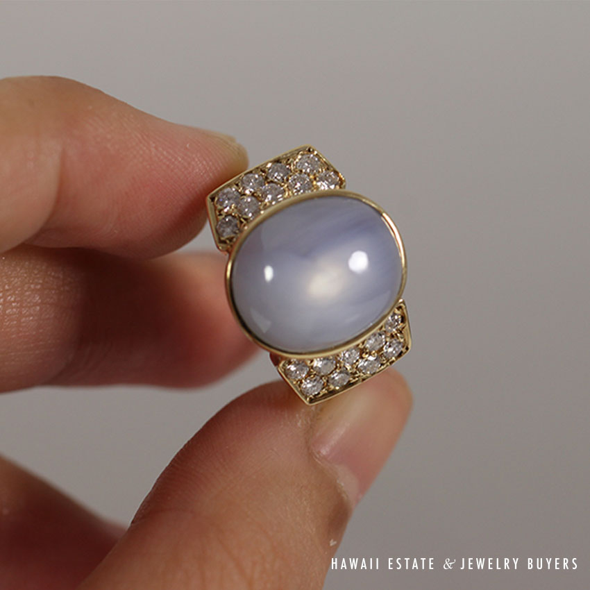 Blue-Grey Star Sapphire & Diamond 14K Yellow Gold Men's "Pinkie" Ring - Image 3