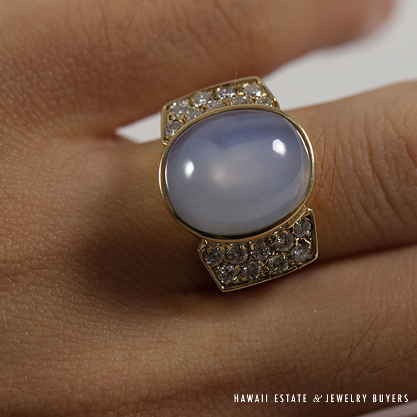 Blue-Grey Star Sapphire & Diamond 14K Yellow Gold Men's "Pinkie" Ring - Image 4
