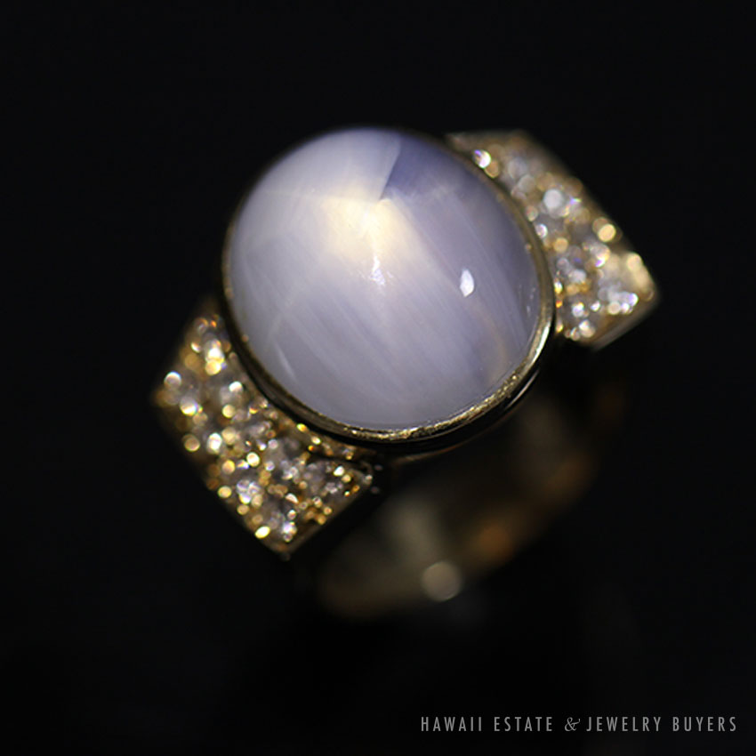 Blue-Grey Star Sapphire & Diamond 14K Yellow Gold Men's "Pinkie" Ring