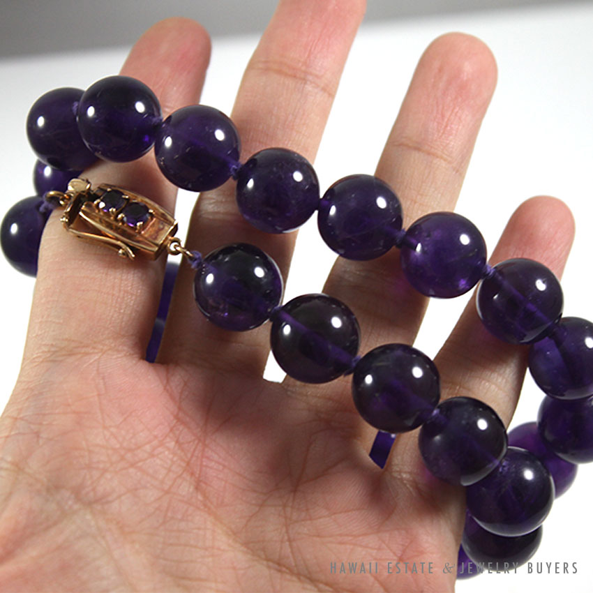 Large Purple Amethyst Bead Necklace 17.5 Inch with 14K Yellow Gold Clasp - Image 3