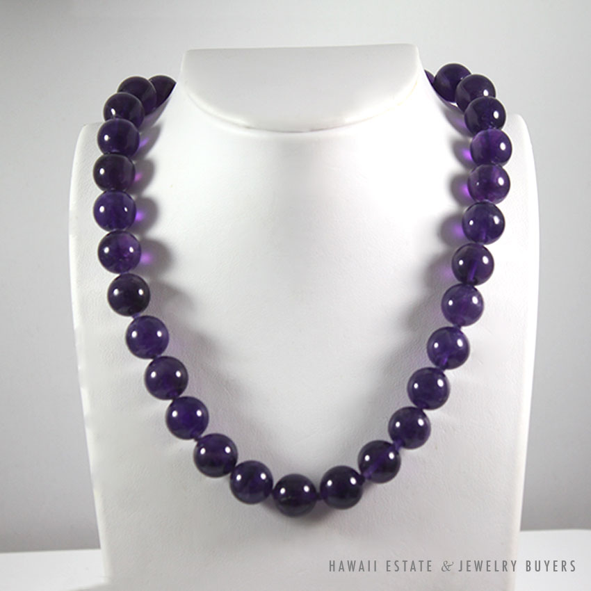 Large Purple Amethyst Bead Necklace 17.5 Inch with 14K Yellow Gold Clasp