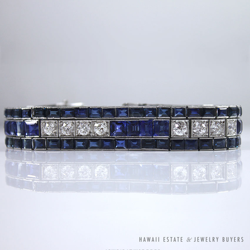 Art Deco Sapphire & Old European Cut Diamond Platinum Bracelet - Image 2