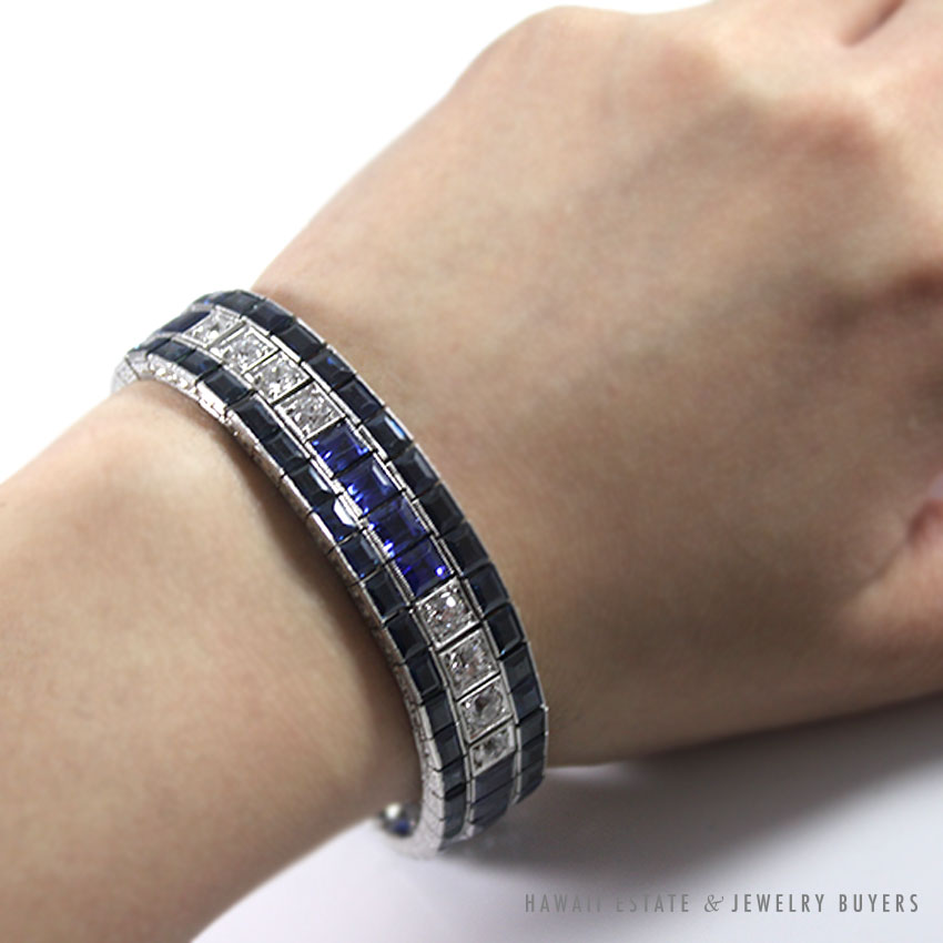 Art Deco Sapphire & Old European Cut Diamond Platinum Bracelet - Image 3