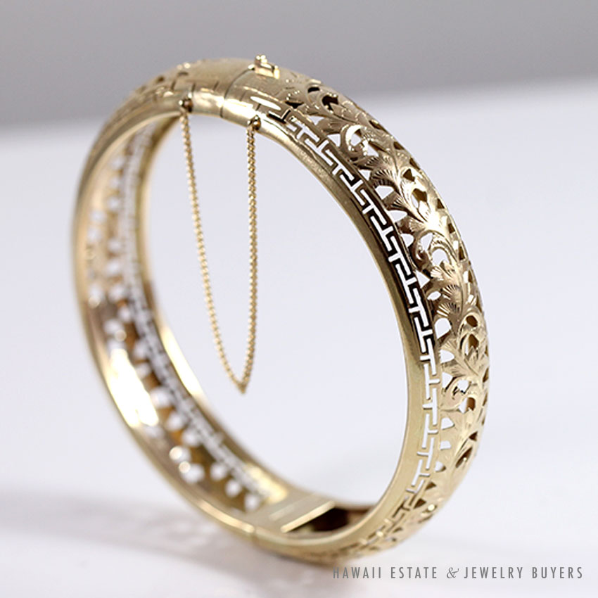 Ming's Hawaii Leaf Design & Greek Key Border 14K Yellow Gold Hinged Bangle Bracelet