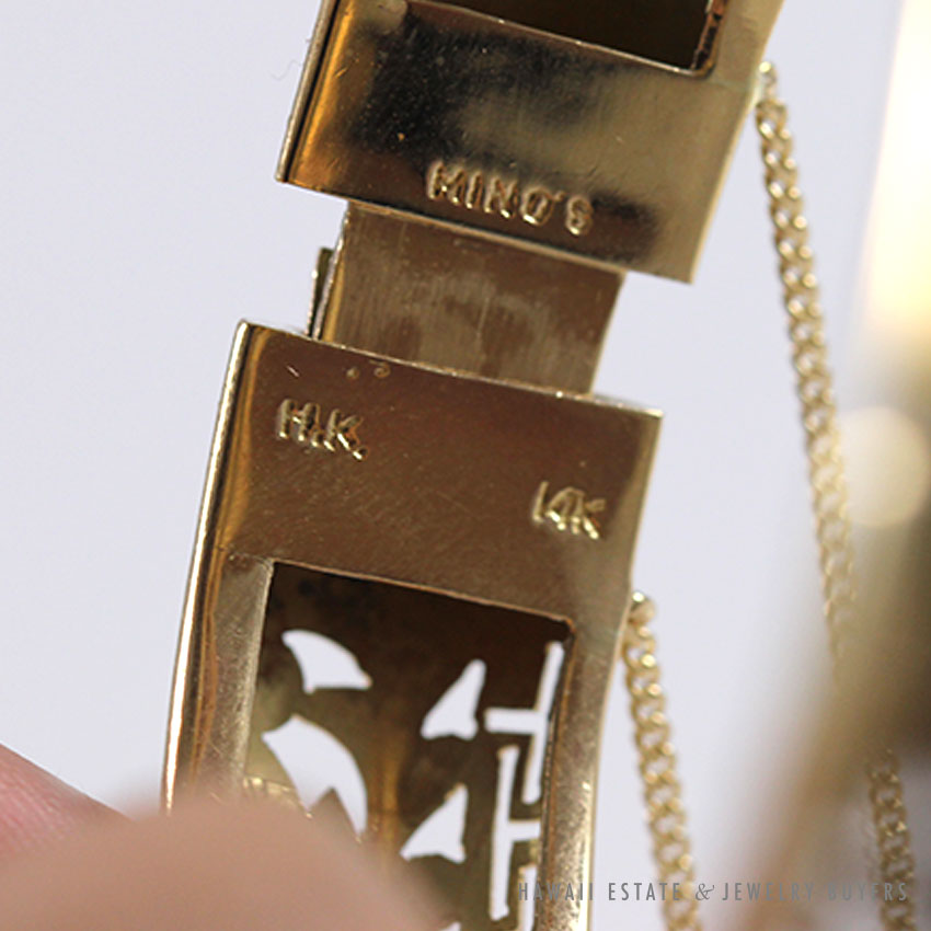 Ming's Hawaii Leaf Design & Greek Key Border 14K Yellow Gold Hinged Bangle Bracelet - Image 2