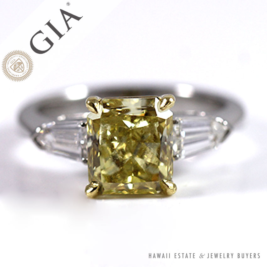 2.71ct Natural Fancy Intense Yellow Radiant Diamond Platinum 18K Yellow Gold Ring - GIA